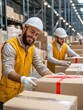 © Atlas Studio - Men working in a warehouse packing boxes during daytime with safety gear and bright ambient lighting