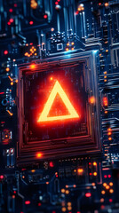 Poster - Orange triangular warning sign highlighting critical alert on technological circuit board surface