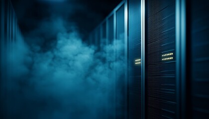 Poster - A dimly lit data center features towering server racks shrouded in mist, creating a mysterious and technological atmosphere.