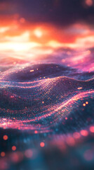 Poster - Glowing particles forming a digital landscape with futuristic wavy pattern and warm sunset colors