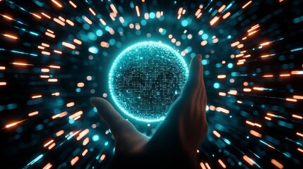 Poster - A glowing sphere of data is held by a hand, surrounded by dynamic light particles, symbolizing technology and connectivity.