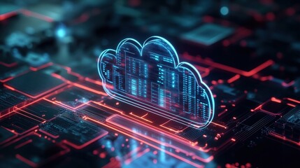 Leinwandbilder - Futuristic digital representation of a cloud computing network with glowing data servers atop a circuit board background, illustrating technology integration and data storage solutions.
