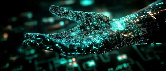 Poster - A futuristic hand made of glowing digital circuits reaches out, symbolizing technology and connectivity in a digital world.