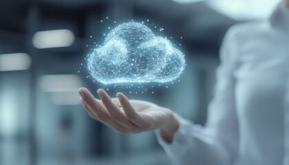 Poster - 1. A person holds a glowing, digital cloud above their hand, symbolizing technology, data storage, and cloud computing in a modern environment.