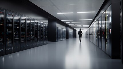 Poster - Modern Data Center Interior with Rows of Servers and a Professional Figure Walking Along the Aisle in a High-Tech Environment for Technology and Business Use