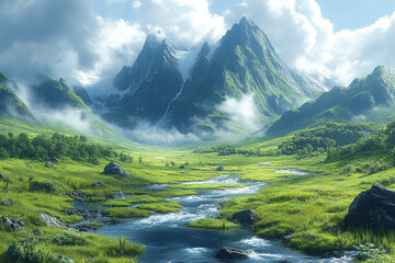 Poster - Serene Mountain Valley With Stream And Lush Green Meadows