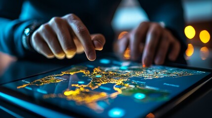 Poster - A person interacts with a digital map on a tablet, highlighting city lights and navigation features in a dimly lit environment.
