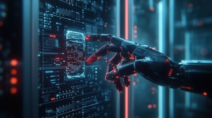 Poster - Futuristic Robotic Hand Interacting with a Digital Interface in a High-Tech Server Room, Highlighting Advanced Technology and Cybernetic Innovations