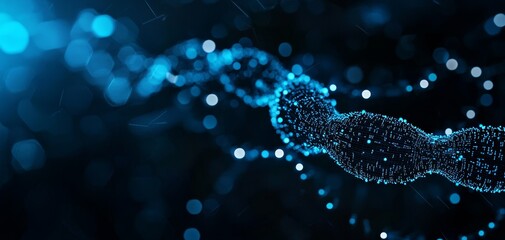 Fototapete - A digital representation of a molecular structure, showcasing interconnected particles in a vibrant blue hue against a dark background.