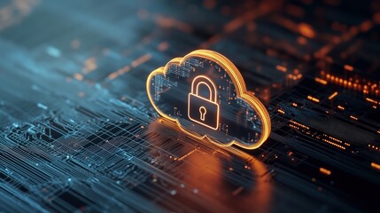 Poster - Futuristic cloud security concept with a glowing lock, depicting data protection and digital privacy in a high-tech environment with intricate circuit patterns.