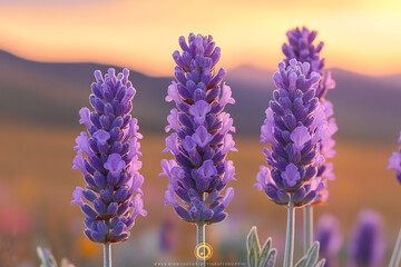 Poster - Three Lavender Flowers at Sunset Golden Hour