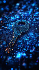 Fototapete - Digital security concept featuring key protecting encrypted data circuit board, representing cybersecurity network defense