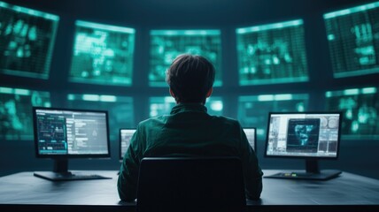 Poster - Person working at multiple screens in a dark, tech-focused environment
