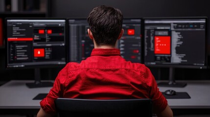 Poster - Professional working on multiple monitors in a tech environment.