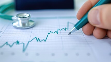 Poster - Hand holding a pen over a health-related graph and stethoscope.