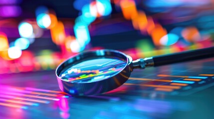 Poster - magnifying glass over colorful financial data chart.