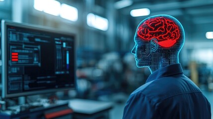 Poster - Digital brain concept with technology and data visualization in background.