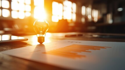 Poster - Light bulb casting a glow over a business graph in an office setting.