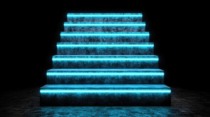 Poster - Illuminated stairs with neon blue lights in a dark setting.