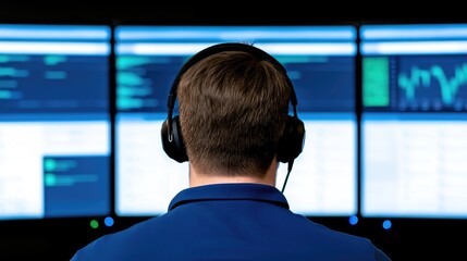Poster - person with headphones analyzing data on multiple screens.