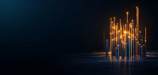 Poster - A vibrant digital landscape with glowing vertical bars and a dark background, representing data visualization or technological advancement.