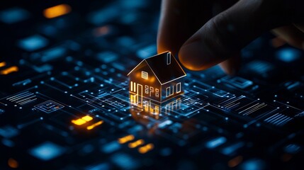 Poster - a hand adjusts a glowing house model on a digital circuit board, symbolizing the intersection of tec
