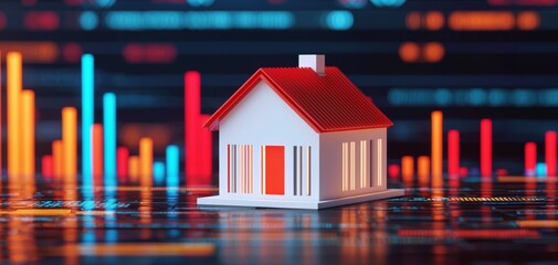 Poster - a miniature house sits on a digital background of colorful graphs, symbolizing real estate data anal