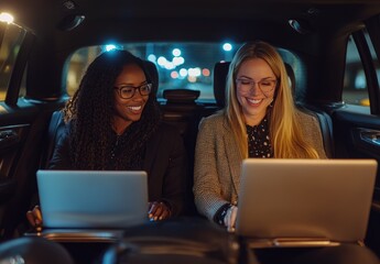 Wall Mural - Two business women sitting in the back seat of an SUV, looking at their laptops and smiling while they work together on digital marketing in night time street lighting