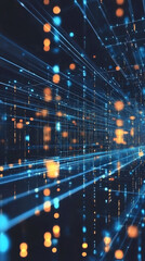 Aufkleber - Complex network infrastructure transmitting data packets through fiber optic cables, creating a futuristic server room environment