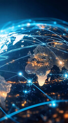 Leinwandbilder - Futuristic network and data exchange, glowing connections and bright spots over planet Earth rotating in space