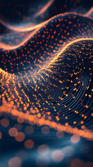 Aufkleber - Orange particles flowing and forming an abstract wave, representing big data, network, connection, technology and innovation
