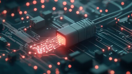 Fototapete - Abstract depiction of a network cable connected to a circuit board, illuminated by glowing data streams, representing advanced technology and digital connectivity in a futuristic setting.