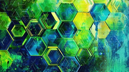 Poster - a painting of green and yellow hexagons with a blue background