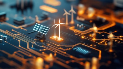 Aufkleber - Futuristic Energy Technology Composite Featuring Solar Panels and Wind Turbines Integrated with Circuit Board Design Representing Renewable Energy Innovation