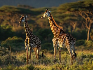 Wall Mural - Two giraffes standing in a field during sunset with trees in the background