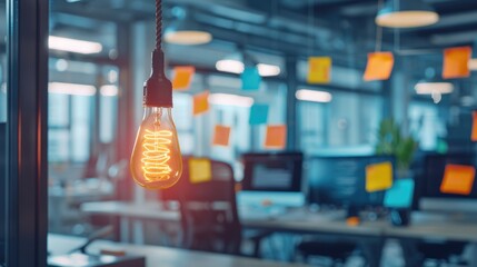 Poster - Modern workspace with an illuminated light bulb and colorful sticky notes.