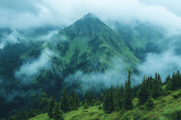 Poster - Majestic Mountain Peak shrouded in Mist and Forest