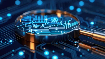 Poster - Magnifying glass over a digital circuit board with glowing elements.
