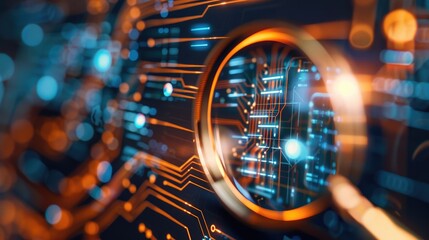 Poster - close-up of a circuit board with a magnifying glass effect.