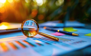 Poster - Magnifying glass on financial charts with colorful sticky notes.