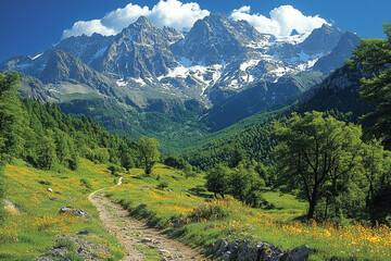 Wall Mural - Majestic Mountain Range Overlooking Verdant Valley Path