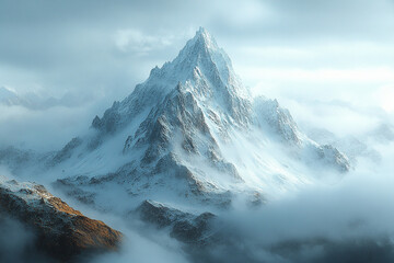 Poster - Majestic Snow Capped Peak Rising Above Clouds