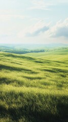 A serene green landscape showcasing rolling hills under a bright sky.