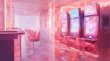 Poster - A neon pink casino with a pink bar and pink chairs