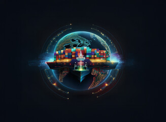 Aufkleber - A vibrant digital illustration depicts a cargo ship carrying colorful containers, positioned above a glowing Earth encircled by futuristic rings, symbolizing global trade and connectivity.