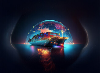 Poster - A container ship, glowing with vibrant light, sails within a digital globe, symbolizing global trade and connectivity.  The image showcases modern shipping and worldwide logistics.
