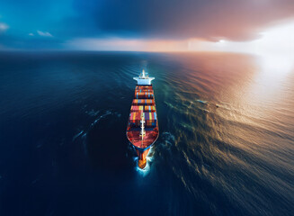 Poster - A large container ship sails on a dramatic ocean, under a stormy yet beautiful sky. The vessel cuts through the waves, its cargo illuminated by the setting sun.