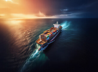 Poster - A large container ship sails across a dramatic ocean at sunset, its wake glowing in the dark water. The sky is a mix of fiery oranges and dark blues.
