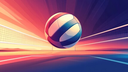 Wall Mural - Volleyball hovering over a court at sunset.