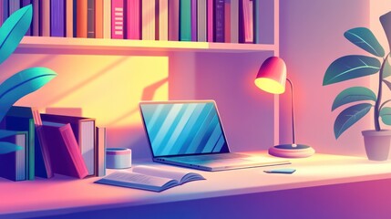 Poster - Cozy home office workspace with laptop, books, and plant.